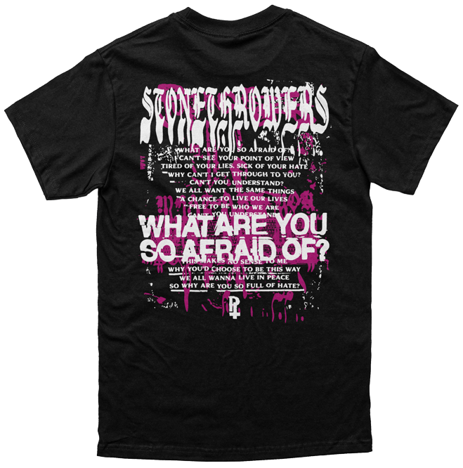 back view of black shirt with the lyrics to the song 'Stonethrowers'.